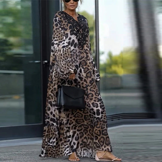 Rosana - Vestido informal de manga larga con estampado de leopardo