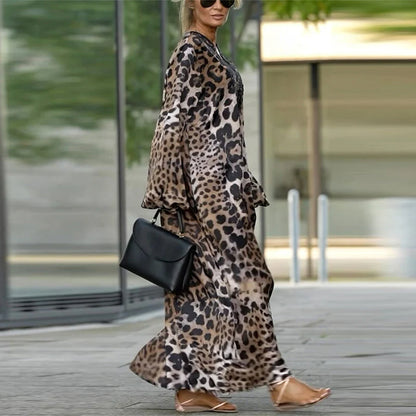 Rosana - Vestido informal de manga larga con estampado de leopardo