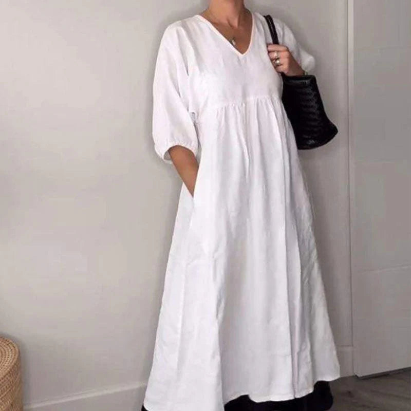 Jimena™ | Vestido amplio con escote en pico y manga francesa