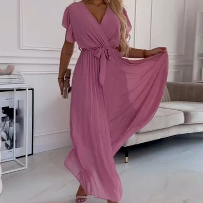 Lucía™ – Vestido plisado con escote cruzado y lazo a la cintura