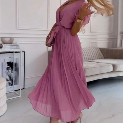 Lucía™ – Vestido plisado con escote cruzado y lazo a la cintura