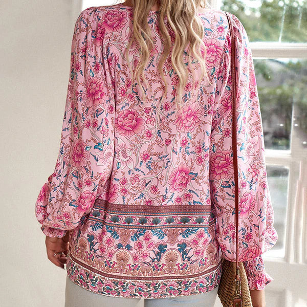 Celine - Blusa femenina de manga larga con cuello en V y estampado floral