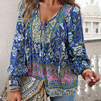 Celine - Blusa femenina de manga larga con cuello en V y estampado floral