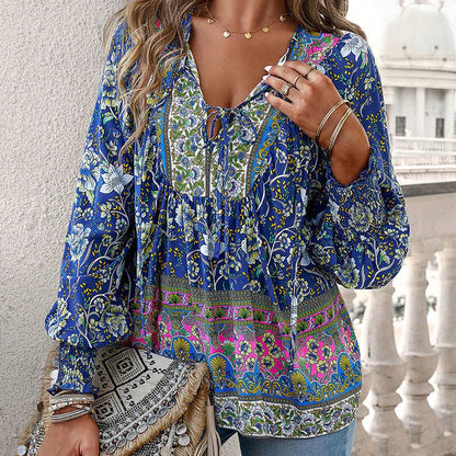 Celine - Blusa femenina de manga larga con cuello en V y estampado floral
