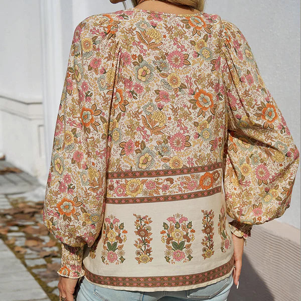 Celine - Blusa femenina de manga larga con cuello en V y estampado floral