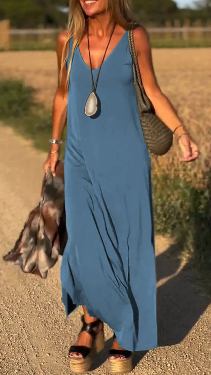 Silvia™ Vestido largo con escote en pico y tirantes finos