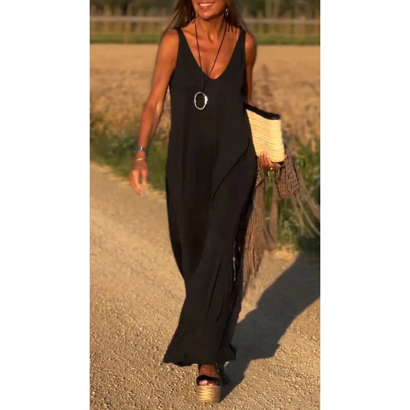 Silvia™ Vestido largo con escote en pico y tirantes finos