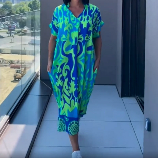 Lorena™ Vestido amplio con estampado étnico y escote en pico
