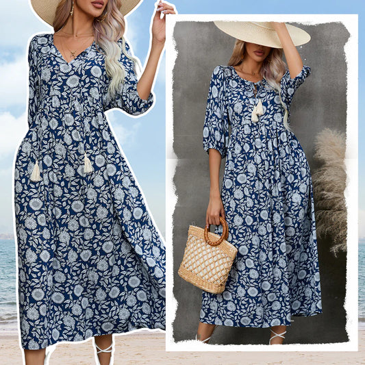 Amara - Vestido largo con estampado floral azul marino