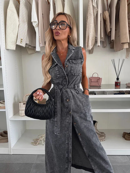 Valeria™ Vestido Vaquero Casual con Botones y Cinturón