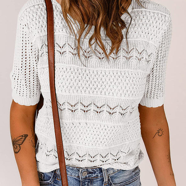 Carolina - Jersey de punto calado con cuello redondo y manga corta