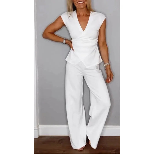 Selena - Conjunto elegante de top con escote en V y pantalón fluido