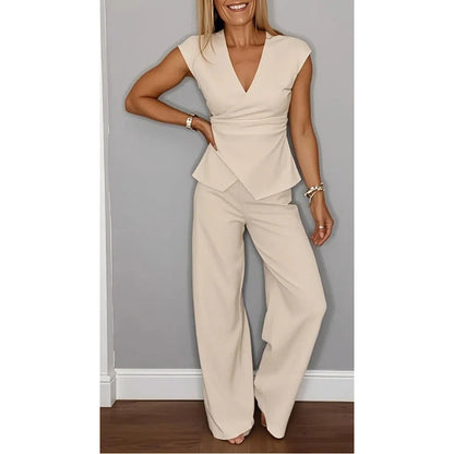 Selena - Conjunto elegante de top con escote en V y pantalón fluido