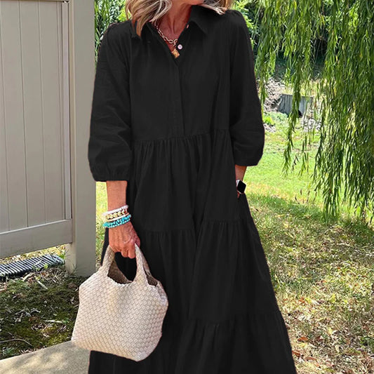 Marisa – Vestido camisero largo con bolsillos y manga tres cuartos