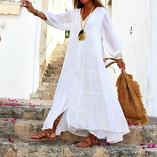 Siena™ | Vestido largo vaporoso con botones y manga larga