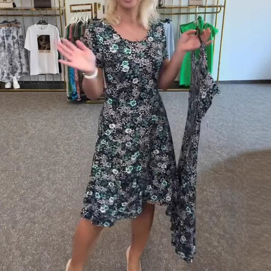 Lorena™ | Vestido de flores con manga corta y escote redondo