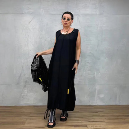 Ava - Conjunto negro de vestido con sobrecamisa calada