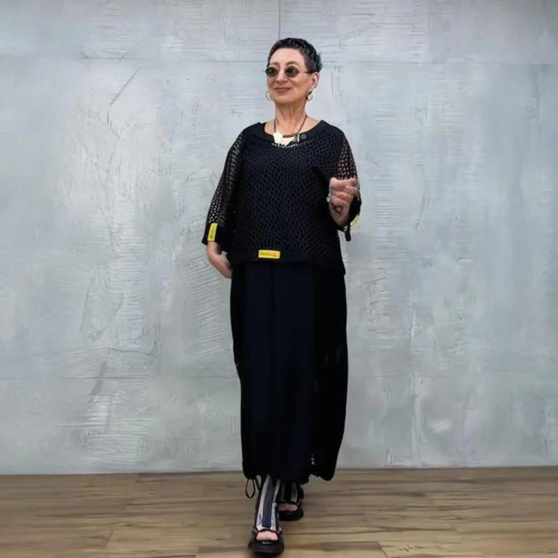 Ava - Conjunto negro de vestido con sobrecamisa calada