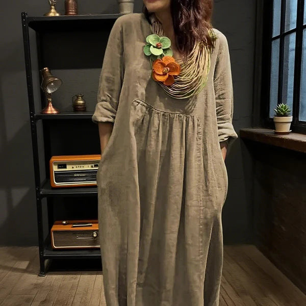 Hilda - Vestido holgado con cuello en V y bolsillos