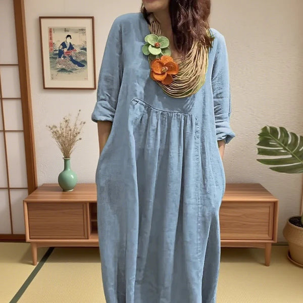 Hilda - Vestido holgado con cuello en V y bolsillos