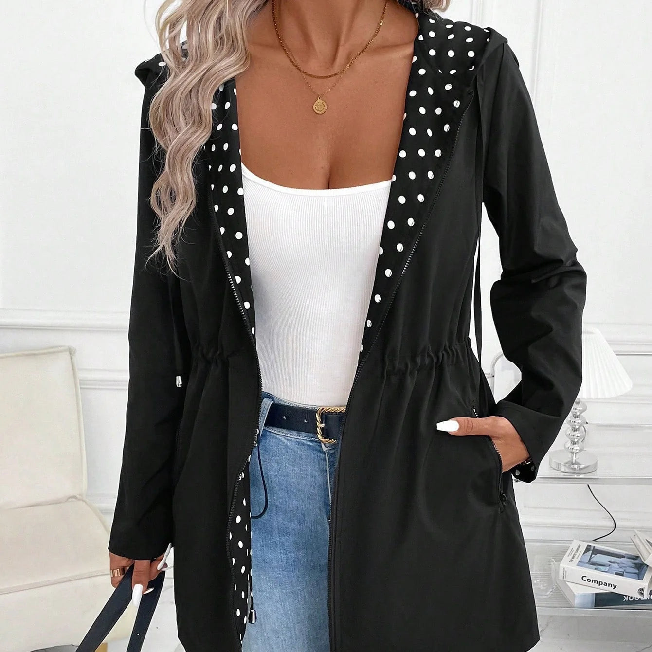 Brenda - Chaqueta reversible con cremallera y capucha ajustable