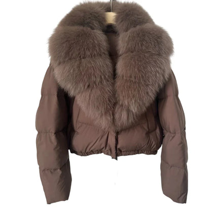 Victoria - Chaqueta corta moderna y cálida con cuello de piel sintética (relleno de plumón de pato blanco)