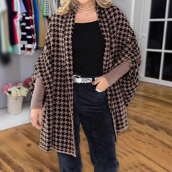 Bianca - Poncho de mujer con abertura delantera y estampado de pata de gallo