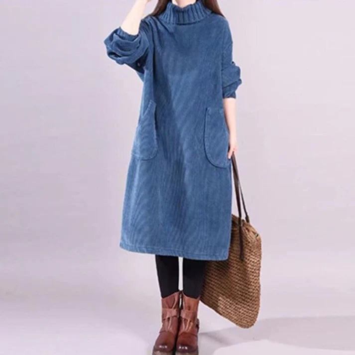 Nadia - Vestido largo de pana con cuello alto y corte holgado