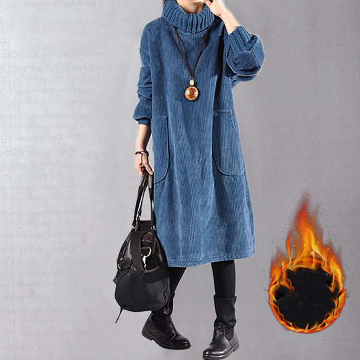 Nadia - Vestido largo de pana con cuello alto y corte holgado