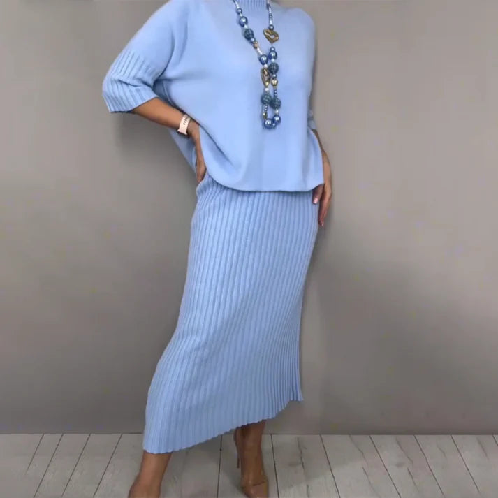 Pilar – Conjunto elegante de punto con jersey y falda midi
