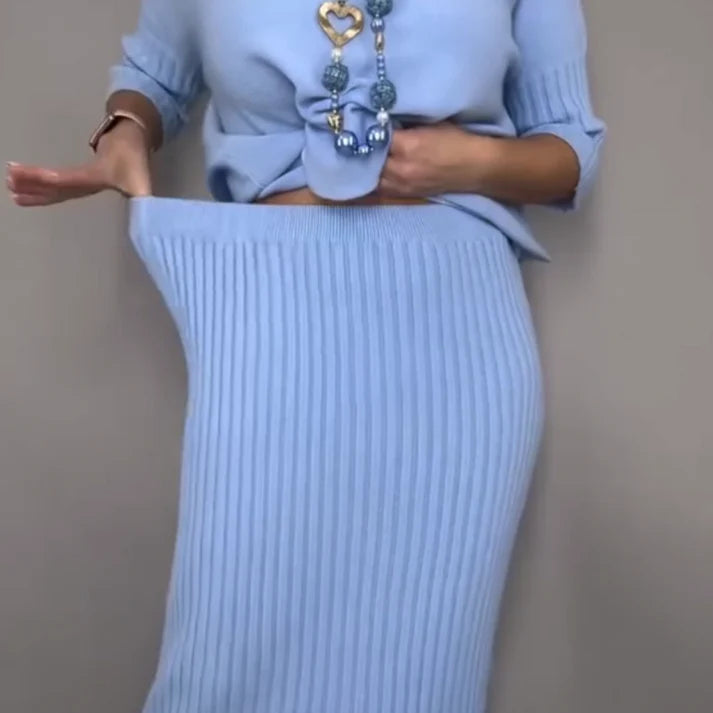 Pilar – Conjunto elegante de punto con jersey y falda midi