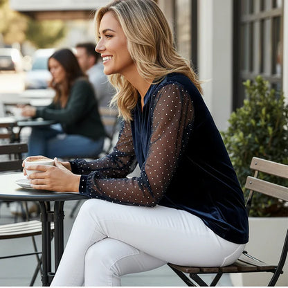 Mireia – Blusa elegante con escote en V y mangas de mesh