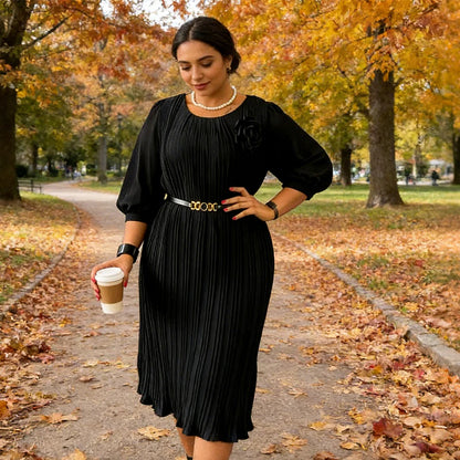 Cecilia – Vestido midi plisado con mangas 3/4 y cinturón