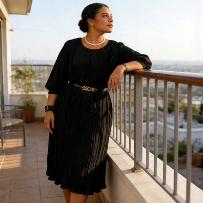 Cecilia – Vestido midi plisado con mangas 3/4 y cinturón