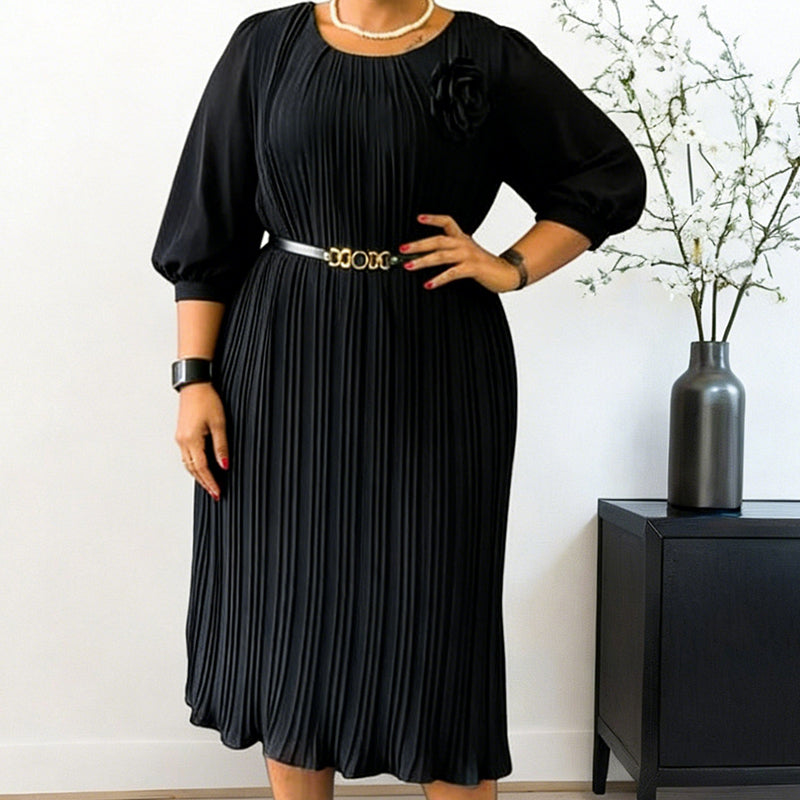 Cecilia – Vestido midi plisado con mangas 3/4 y cinturón