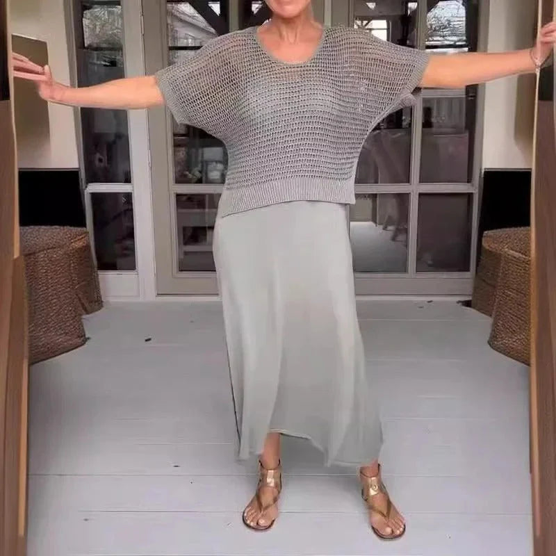 Malena™ | Conjunto de vestido midi con top calado de punto