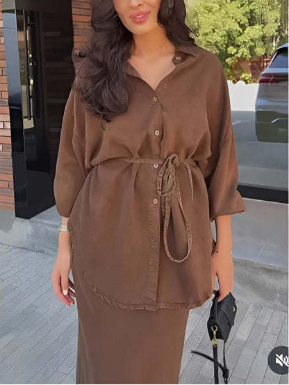 Gloria - Conjunto de camisa y falda de manga larga con cordón ajustable