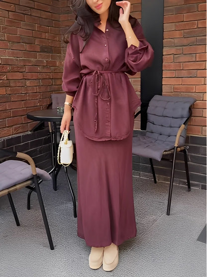 Gloria - Conjunto de camisa y falda de manga larga con cordón ajustable